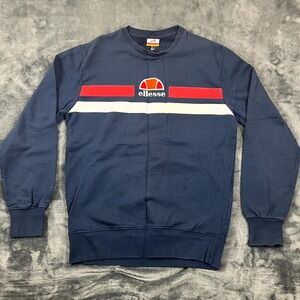 Ellesse Men Vete Duo Stripe Retro 80s Style Navy Sweatshirt Pullover Size Large
